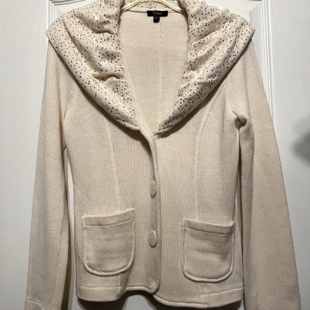 Cupio Women's Cardigan Sweater-Unique Collar-Gold Sequins-Sz. Medium-Cream-Shine